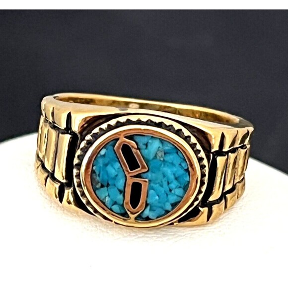 Vintage Ring Size 8 Castings On Parade Gold Plate Turquoise Chips 14W - Picture 6 of 6